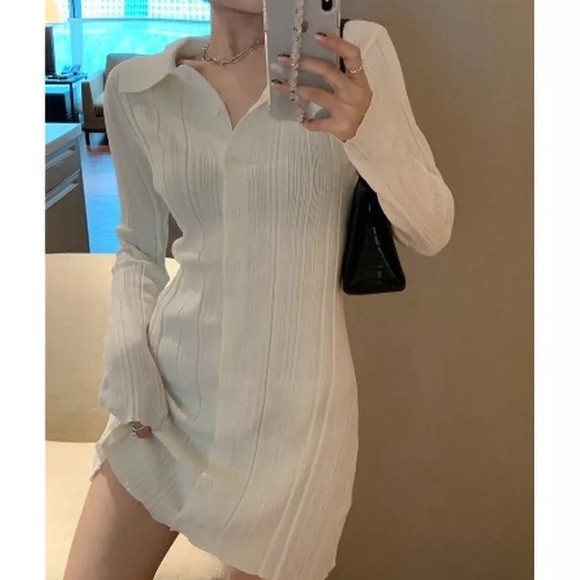 Cardigan sweater dress collar button cream white long top - Picture 3 of 4